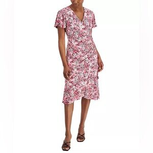 Anne Klein Petite Floral Faux Wrap Dress Pink Black White Ruched Size Pxxs